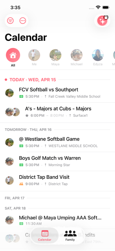 TheFam on iPhone showing today's family events
