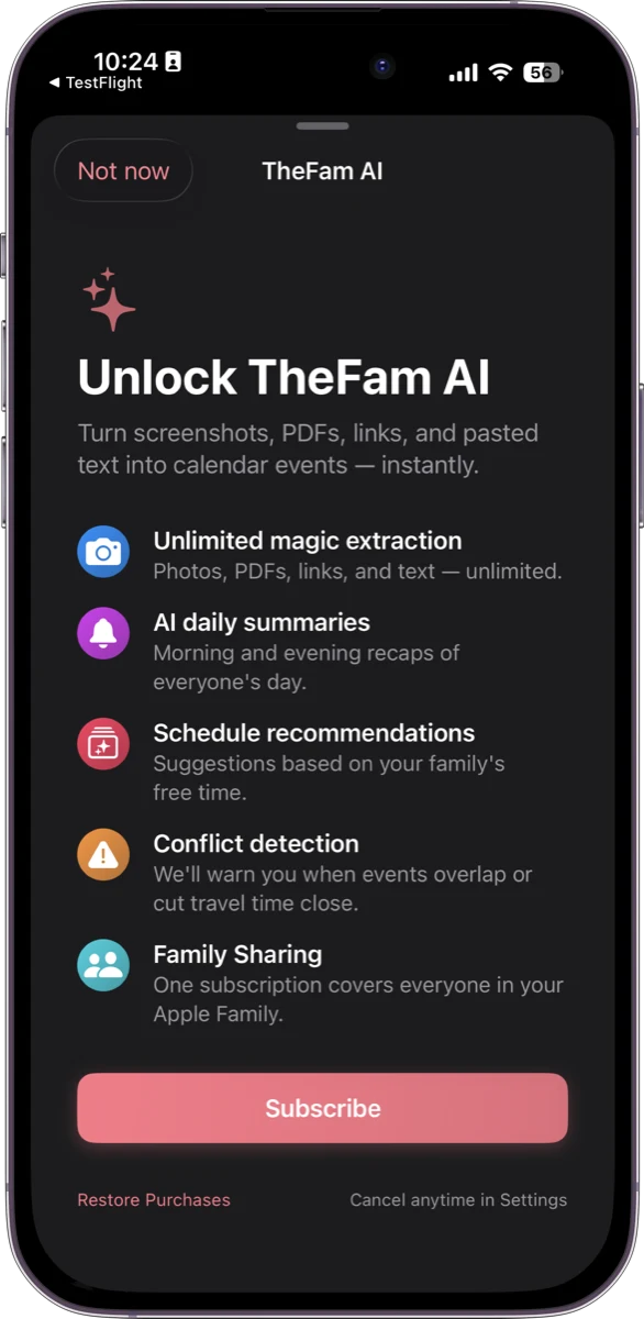 TheFam AI subscription dark mode